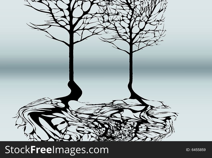 Tree with reflection, vector illustration