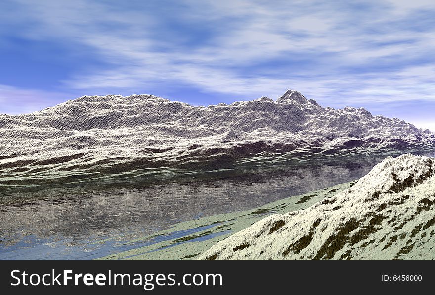 Mountain over the see, high resolution 3d render