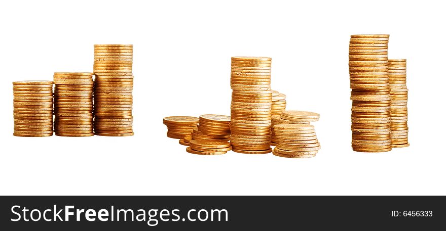 Money, gold coins isolated on white background. Money, gold coins isolated on white background.