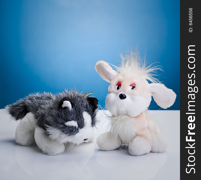 Toy cat and dog on the white reflective table. Toy cat and dog on the white reflective table