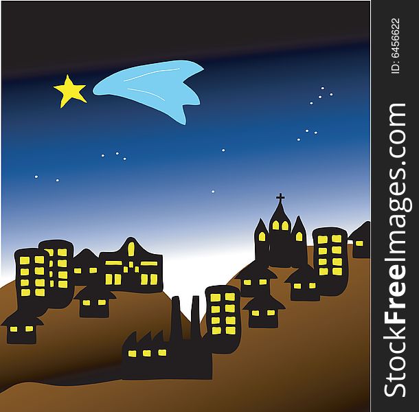 A hand drawn illustration of a comet in the sky above a small city.