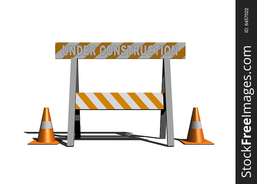 Under construction - caution sign with traffic cones - 3d illustration