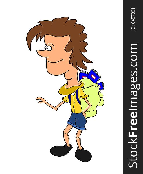 The picture depicts a student wiith a big backpack.