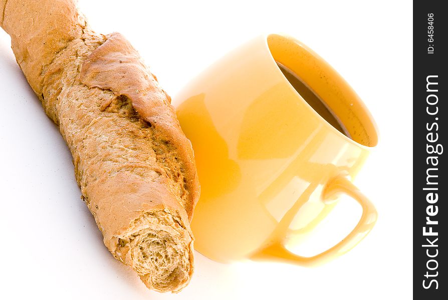 The cup coffee and croissant on white background