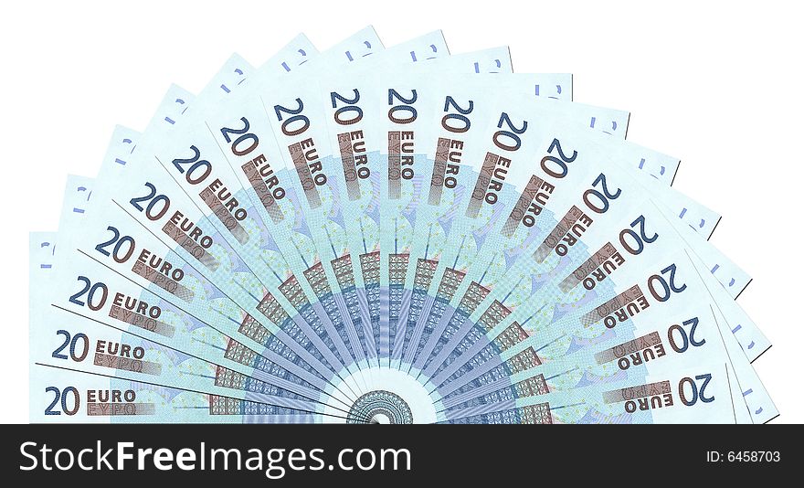 20 Euro notes aligned as a half circle. 20 Euro notes aligned as a half circle