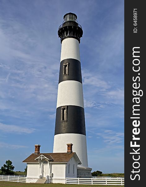 Black and white striped lighthouse located in North Carolina on the east coast of the United States.