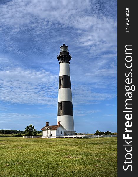 Black and white striped lighthouse located in North Carolina on the east coast of the United States.