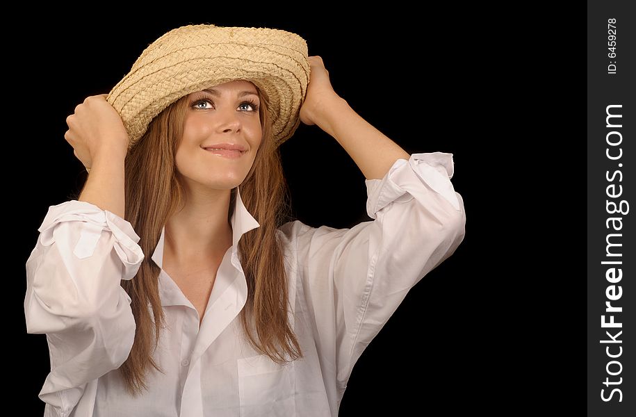 Cute Image of a Woman with straw hat on Black. Cute Image of a Woman with straw hat on Black