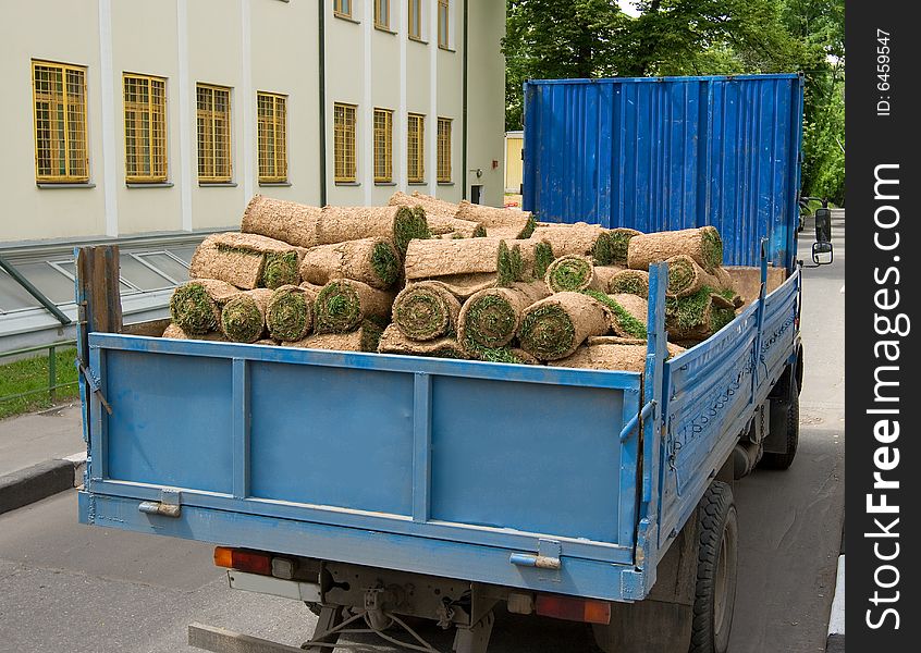 Rolls of natural grass in a truck. Rolls of natural grass in a truck