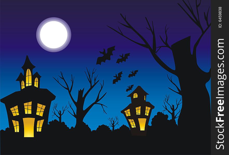 Figure for a Halloween. Night time. Silhouettes of trees, houses and bats, in windows of houses light burns. The bright moon brightly shines. Bats fly to the round moon.