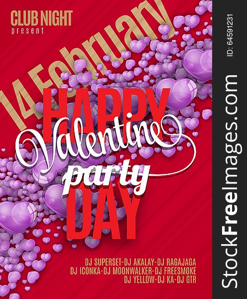 Valentines Day Party Flyer Design. Vector template of invitation, flyer, poster or greeting card