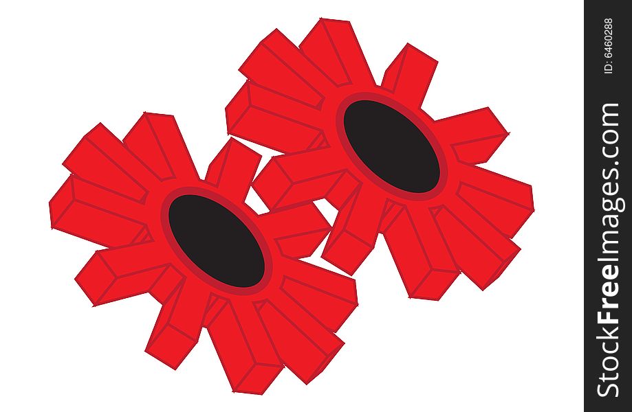Illustrated red gear wheel in white background, . Illustrated red gear wheel in white background,