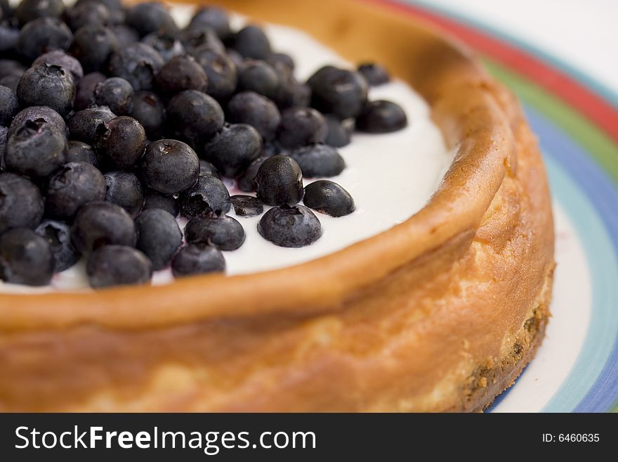 Homemade Blueberry Cheesecake on a platter.