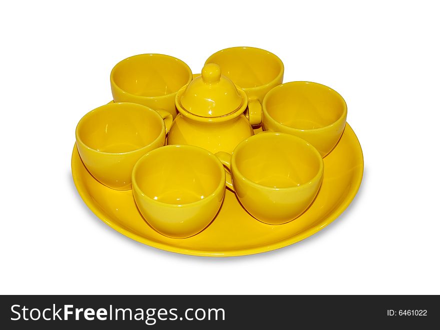Set of tableware of yellow colour from eight subjects