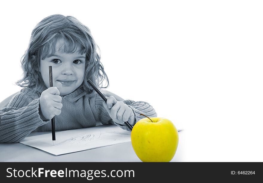 Beautiful little girl with pencils on isolated background