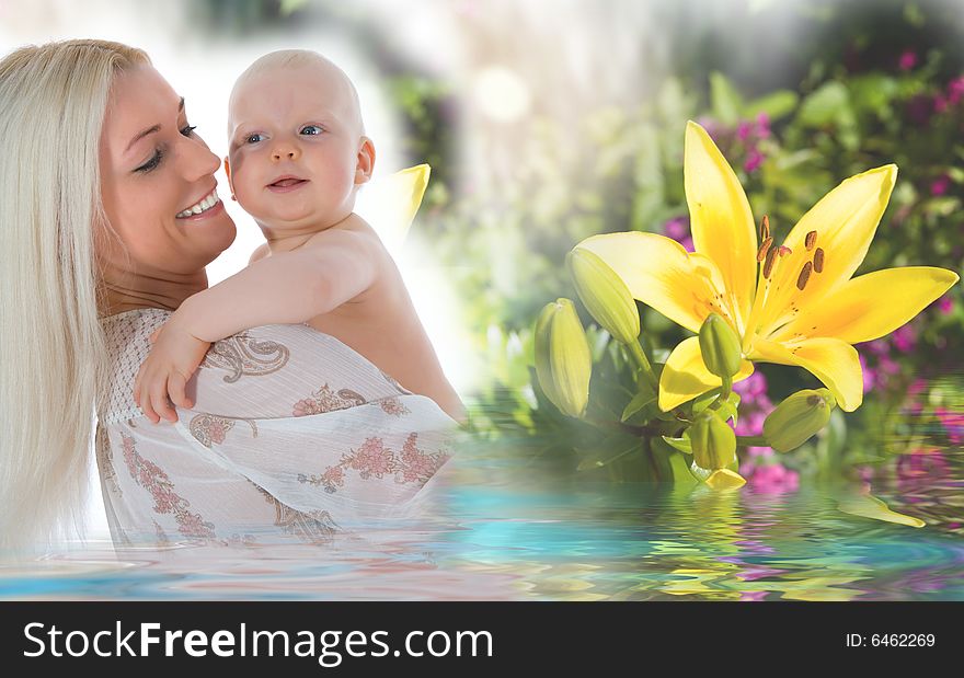 Happy mother with baby over white