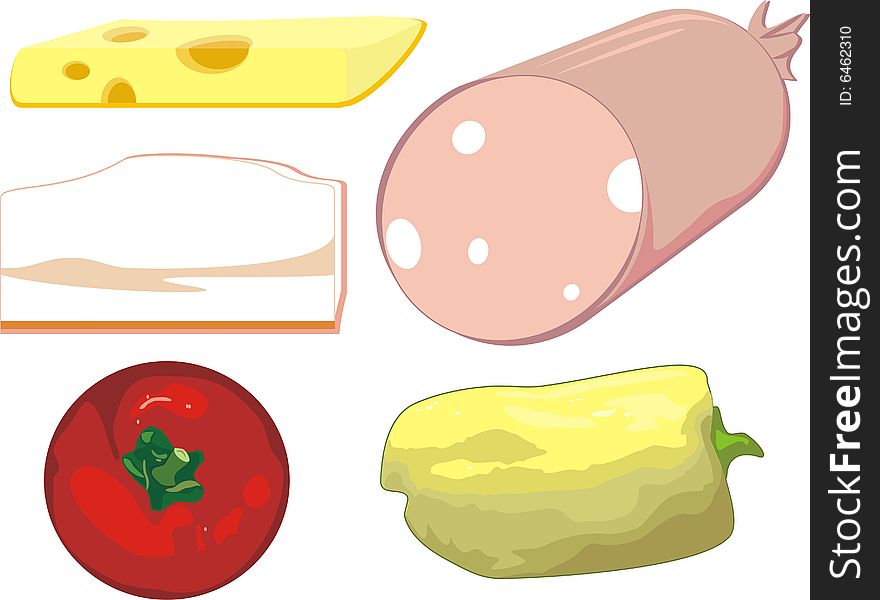 Cheese, sausage, bacon, tomato and pepper. Vector illustration