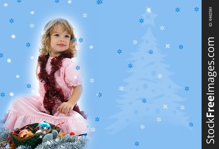 Beautiful little girl with christmas decoration on isolated background