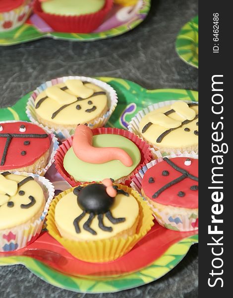 Close up of decorated cup cakes