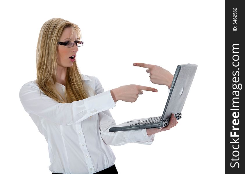 Business woman and laptop on white background