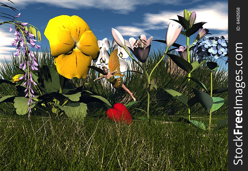 3d image with flowers, grass, plants, and nymph. 3d image with flowers, grass, plants, and nymph