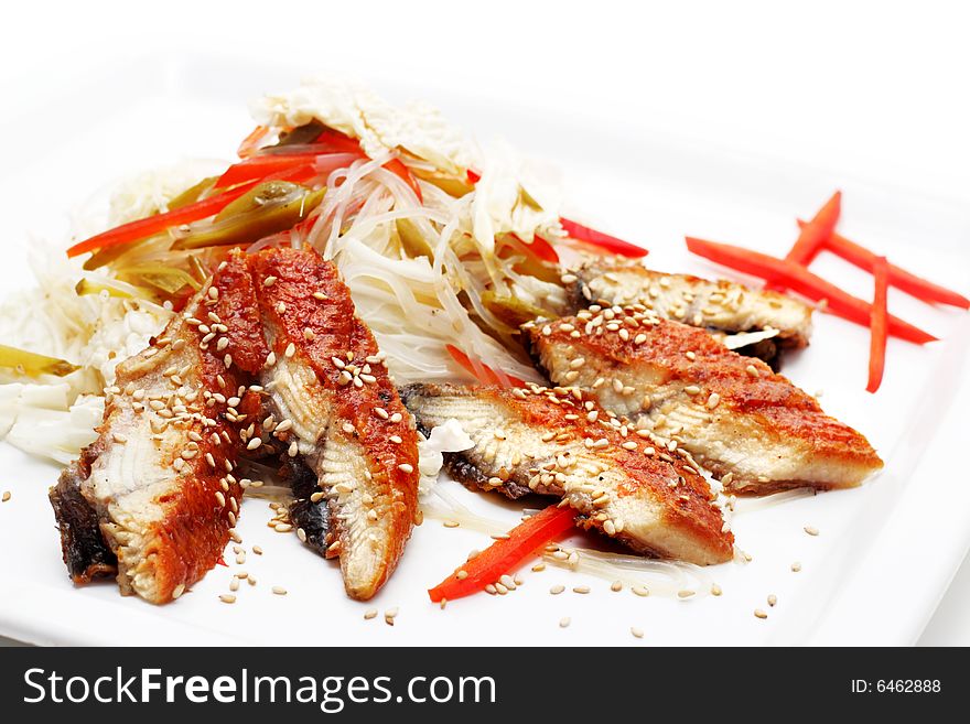 Fish Plate with Vegetables. Isolated on White Background. Fish Plate with Vegetables. Isolated on White Background