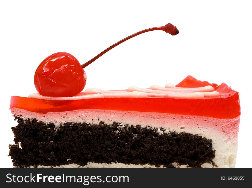 Chocolate pie with a cherry on a white background