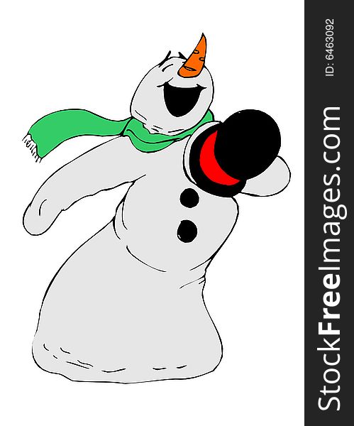 Cartoon illustration of snowman sing a song with red scarf