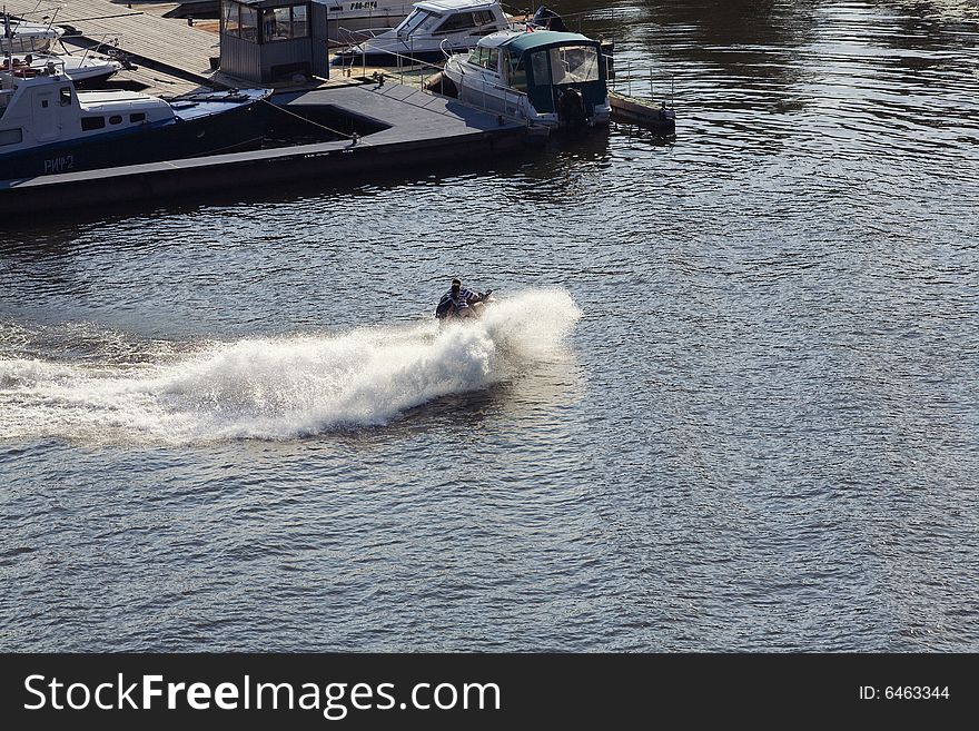 Turn of a water motorcycle on the river. Turn of a water motorcycle on the river