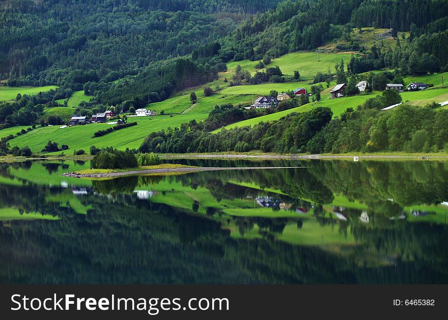 Small village on the bank of Fjord. Small village on the bank of Fjord