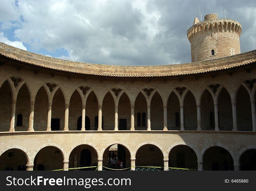 Tower on a castle with arches in Majorca in Spain. Tower on a castle with arches in Majorca in Spain