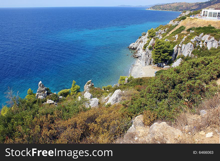 View of the coastline of the Kassandra peninsula in Halkidiki (Greece).