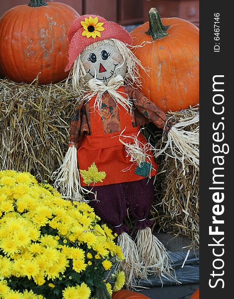 A small scarecrow leaning against a bale of hay surrounded ny flowers and pumpkins. A small scarecrow leaning against a bale of hay surrounded ny flowers and pumpkins