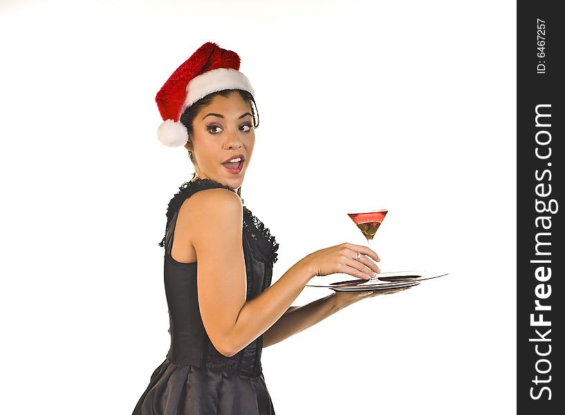 Cocktail waitress with surprised look, isolated on white. Cocktail waitress with surprised look, isolated on white