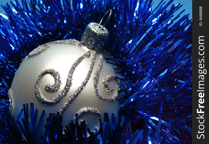 Blue Christmas still life with ball decoration