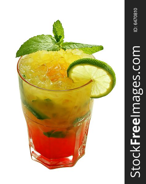 Tropical cocktail with ice and lime on white background isolated with path.