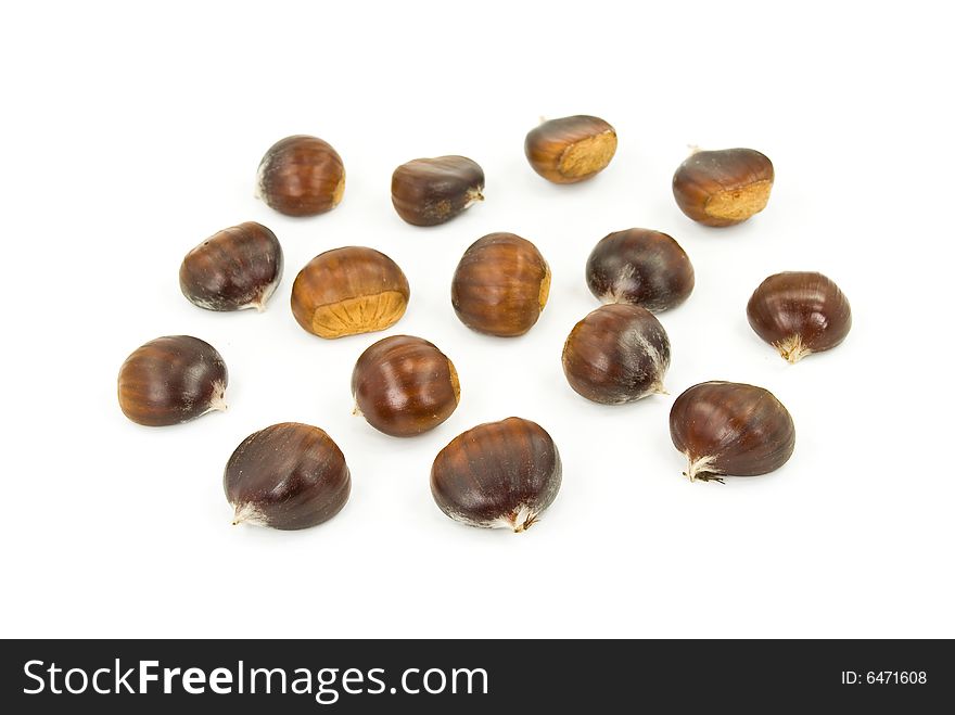 Many Ripe Chestnuts - Isolated On White Background