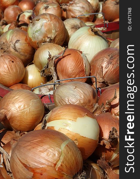 Bushels of fresh picked onions at a roadside market