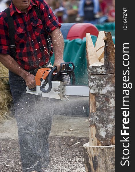 Chainsaw Sculptor carving log sculpture with spectators in background