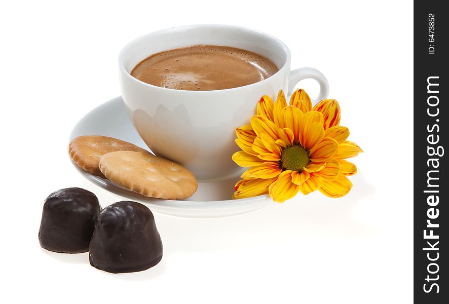 Cappuccino cup with biscuits, chocolate sweets and flower, isolated. Cappuccino cup with biscuits, chocolate sweets and flower, isolated