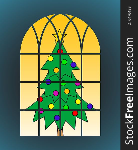 Christmas tree behind window on orange background