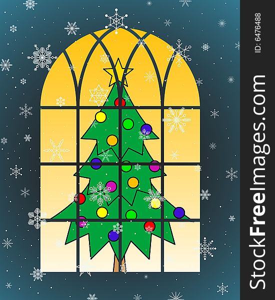 Christmas tree behind window with snowflakes