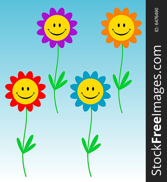 Smiling flowers on blue background