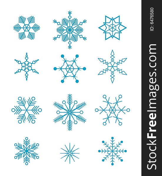 Set of 12 vector blue snowflakes