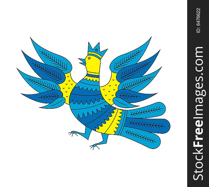 The decorative bird sings a song. Its wings are lifted upwards. On a head at a bird the crown is put on. At it celebratory mood. The decorative bird sings a song. Its wings are lifted upwards. On a head at a bird the crown is put on. At it celebratory mood.