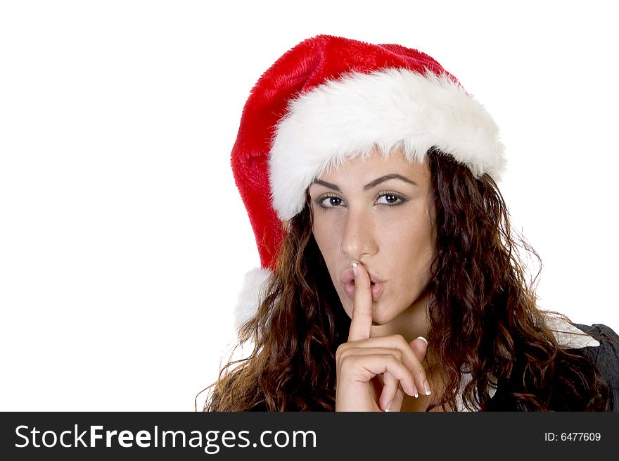 Lady making everybody silent against white background