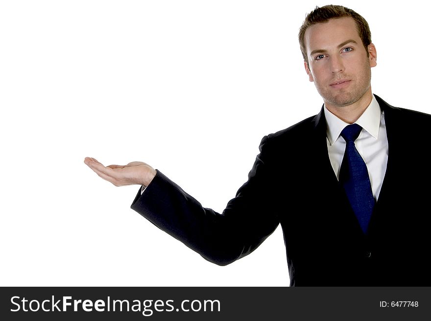 Businessman with open palm against white background