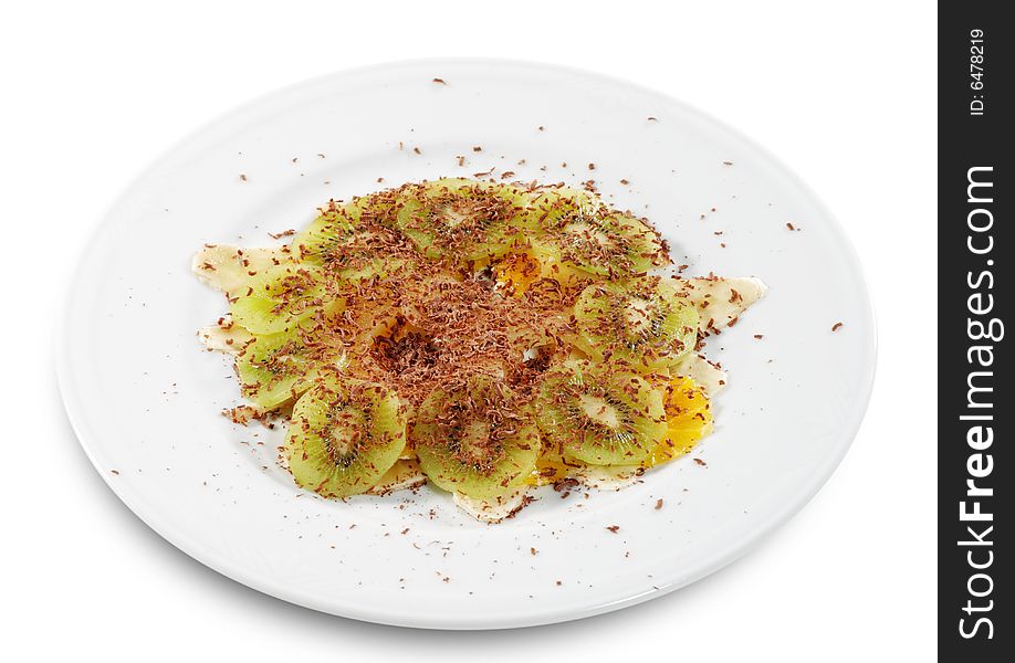Fruit Carpaccio Plate under Chocolate Crumb. Isolated on White Background