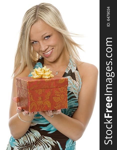 Girl keeping in hands the box with the present