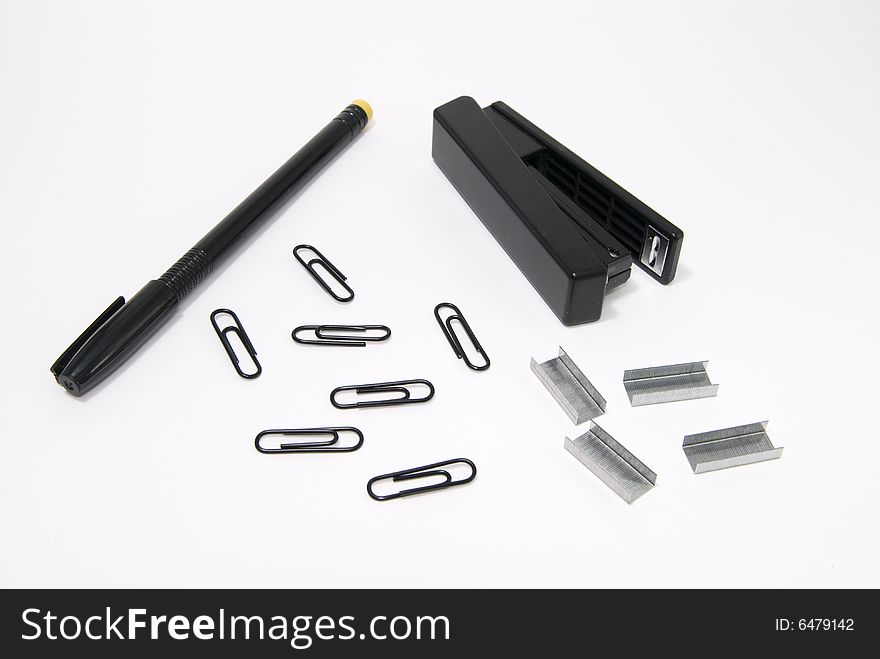 Pen and stapler with clips. Pen and stapler with clips
